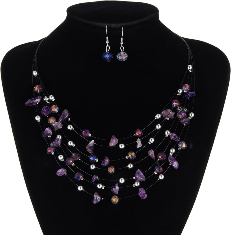 Errally Store Multi-Layer Boho Shell Beaded Necklace for Women Colorful Crystal Strand with Silver Beads Statement Collars Necklace and Earrings Costumes Jewelry Sets for Women - Image 4